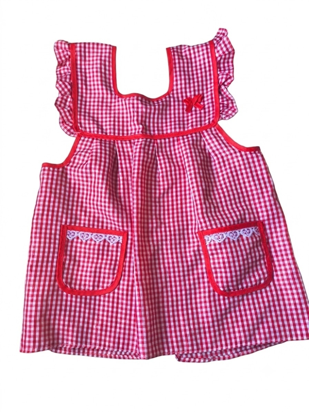 For to 4-6- Years Vintage Red Gingham Kids Pinafore Apron with Ruffle Trim - Picture 1 of 6